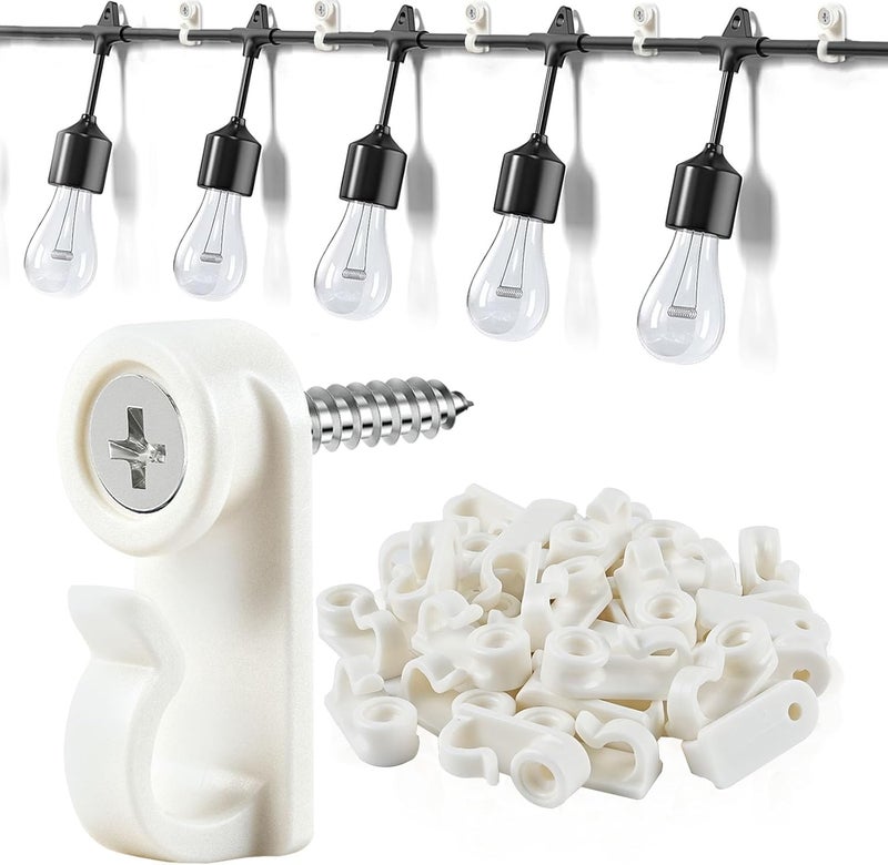 Dapute 50 Pack Hooks for Outdoor String Lights, Christmas Light Clips bulk with Screw, Weatherproof Light Hanger Hooks for Hanging Christmas Lights,Wall Cable,Fairy Lights on Fence Patio Gutter (White) - Image 1